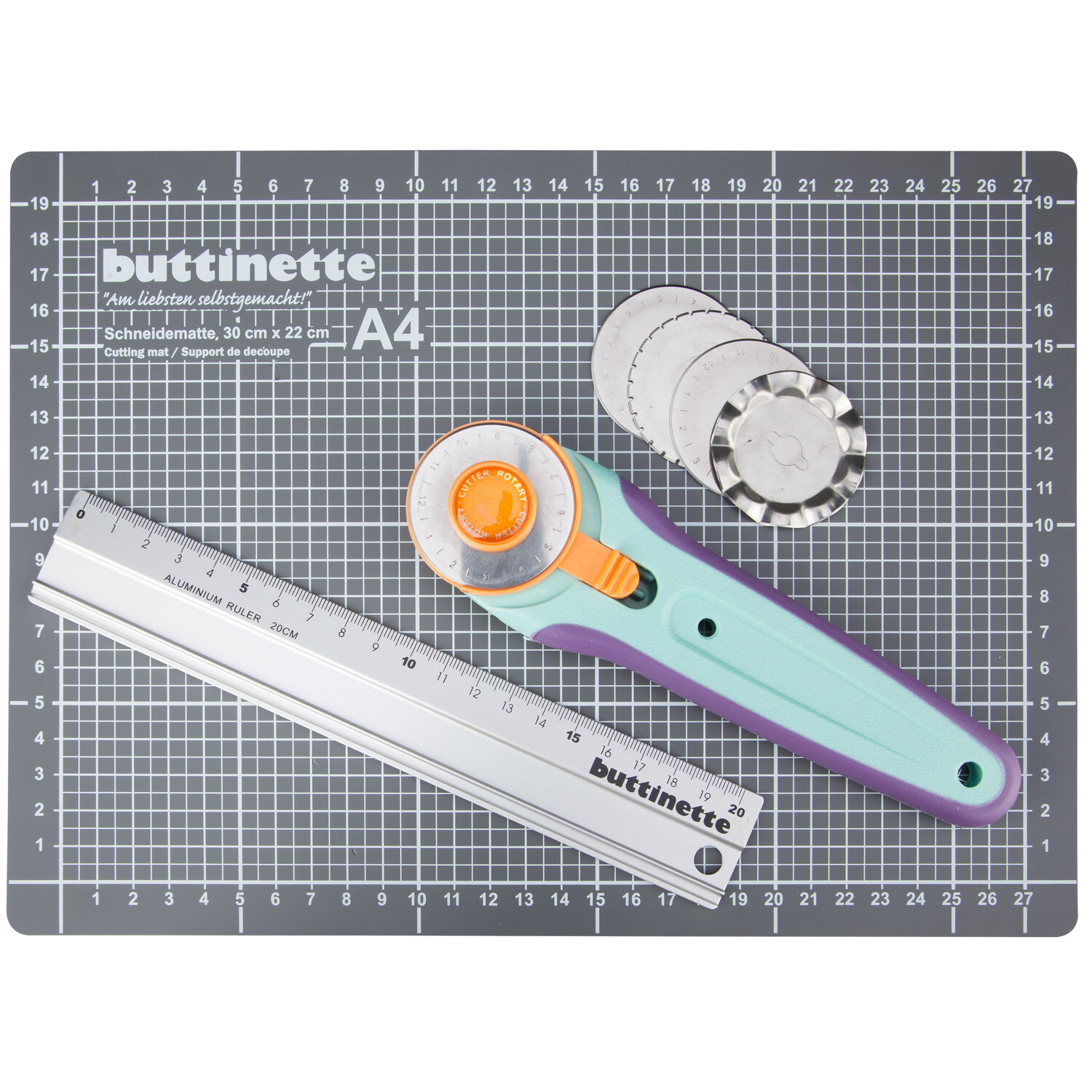 buttinette Kit de découpage avec tapis de coupe et cutter rotatif, 30 x 22 cm