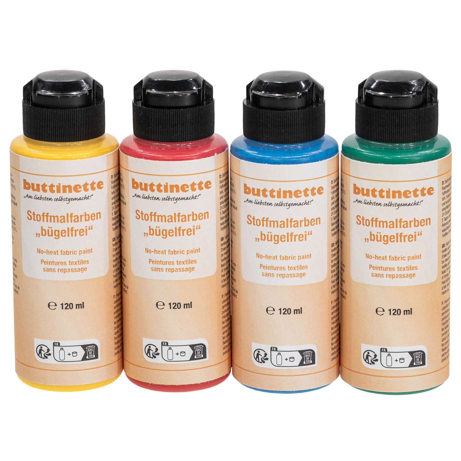 "buttinette Peintures textiles sans repassage ""couleurs primaires"", 4x 120 ml"