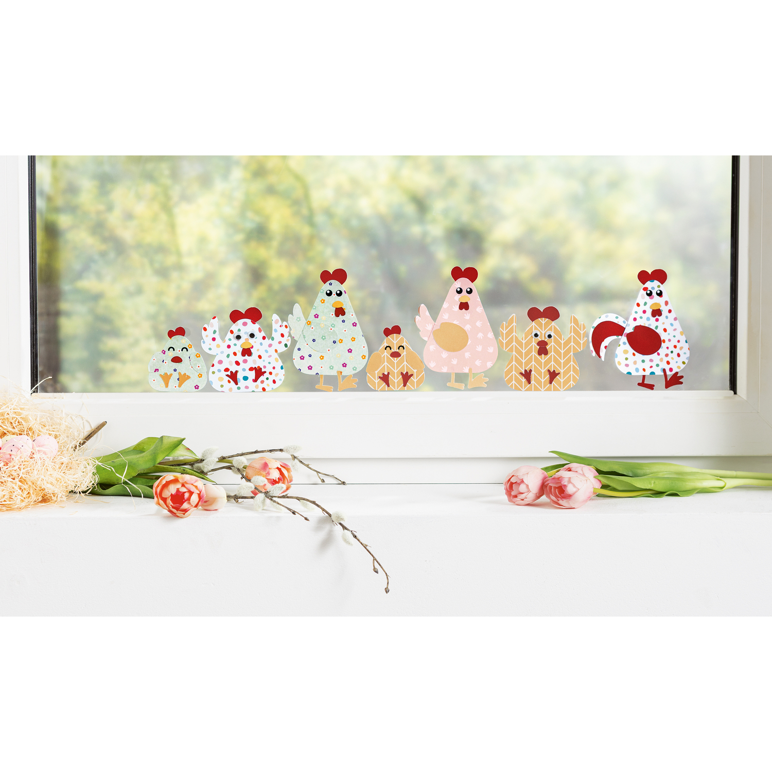buttinette Kit créatif pour déco de fenêtre "poules", 8 pièces prédécoupées
