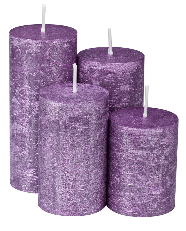 Rustikale Kerzen, lila-metallic, abgestuft, 4 Stück online kaufen