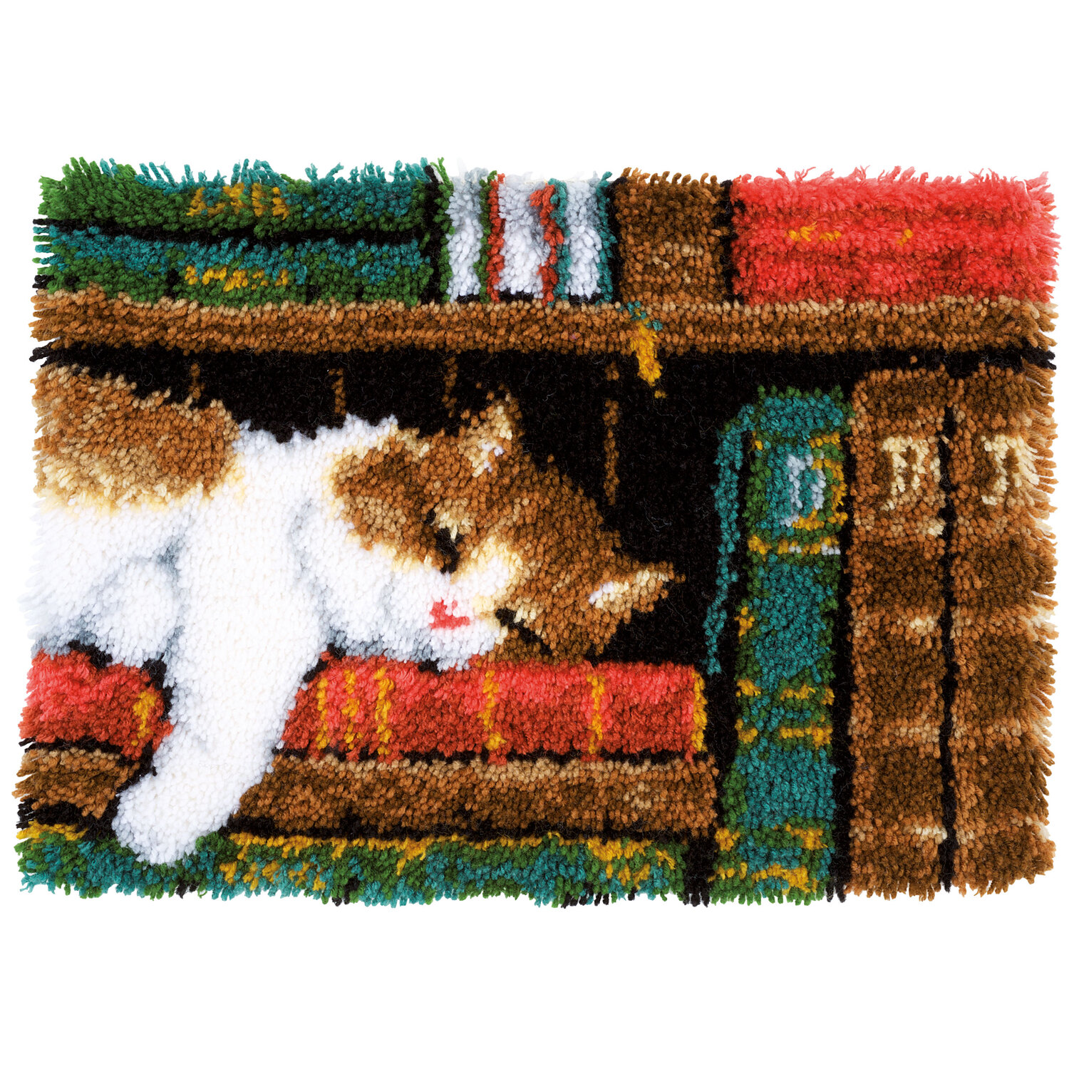 "Tapis au point noué ""chat sur livre"", 53 x 39 cm"